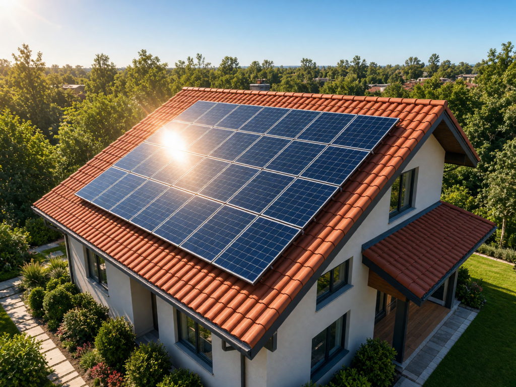 Luftaufnahme eines Hauses mit Photovoltaikanlage auf dem Ziegeldach