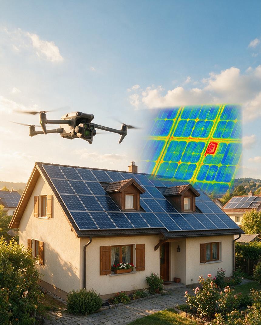 Drohne fliegt über Einfamilienhaus mit Photovoltaikanlage, Wärmebildaufnahme zeigt Hotspot auf Solarmodul