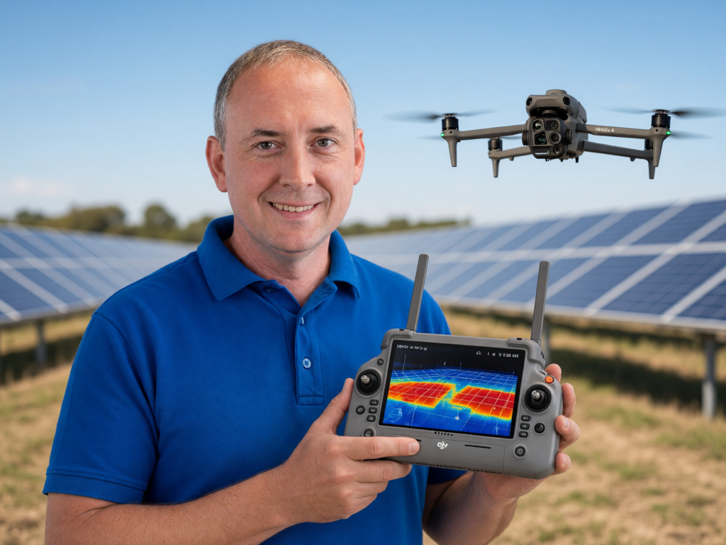 Drohnenpilot von JUNG-Services mit Fernsteuerung und Wärmebildanzeige vor Solarpark